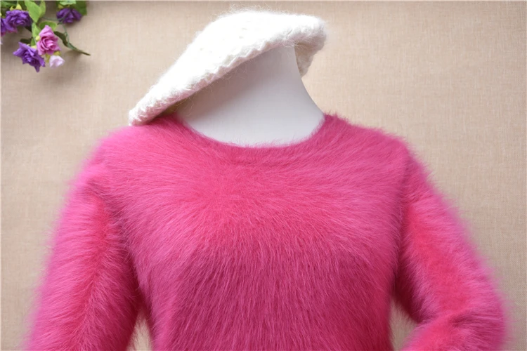 Женский свитер, пушистый, маленький размер, плюш, норка, кашемир, Круглый ворот, тонкий пуловер, ангора, кроличий мех, вязанный джемпер, зимние блузки