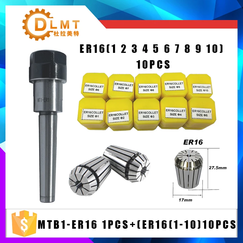 1 Uds manejar MT1 ER16 MTB1 ER16A M6 Morse #1 sostenedor cónico collet chuck + 10 Uds primavera collet 1/2/3/4/5/6/7/8/9/10MM
