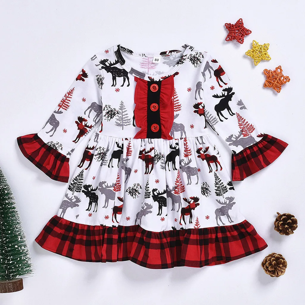 Christmas Children's Dress Infant Baby Kids Girls Christmas Xmas Fawn Print Mandarin Sleeve Dress Outfits New Baby Dress Fashion