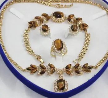 

Fashion jewelry Free Shipping Yellow Inlay Tiger's Eye Necklace Bracelet Earring Ring No box