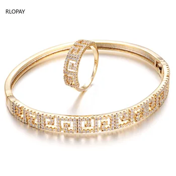

Top Quality Open Cuff Bracelet with Ring Geometric Ladies Hand Bangles with Cubic Zircon Luxury Bridal Jewelry Bangle Ring Set