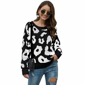 

Women's sweater leopard sweater round neck loose pullover sweater