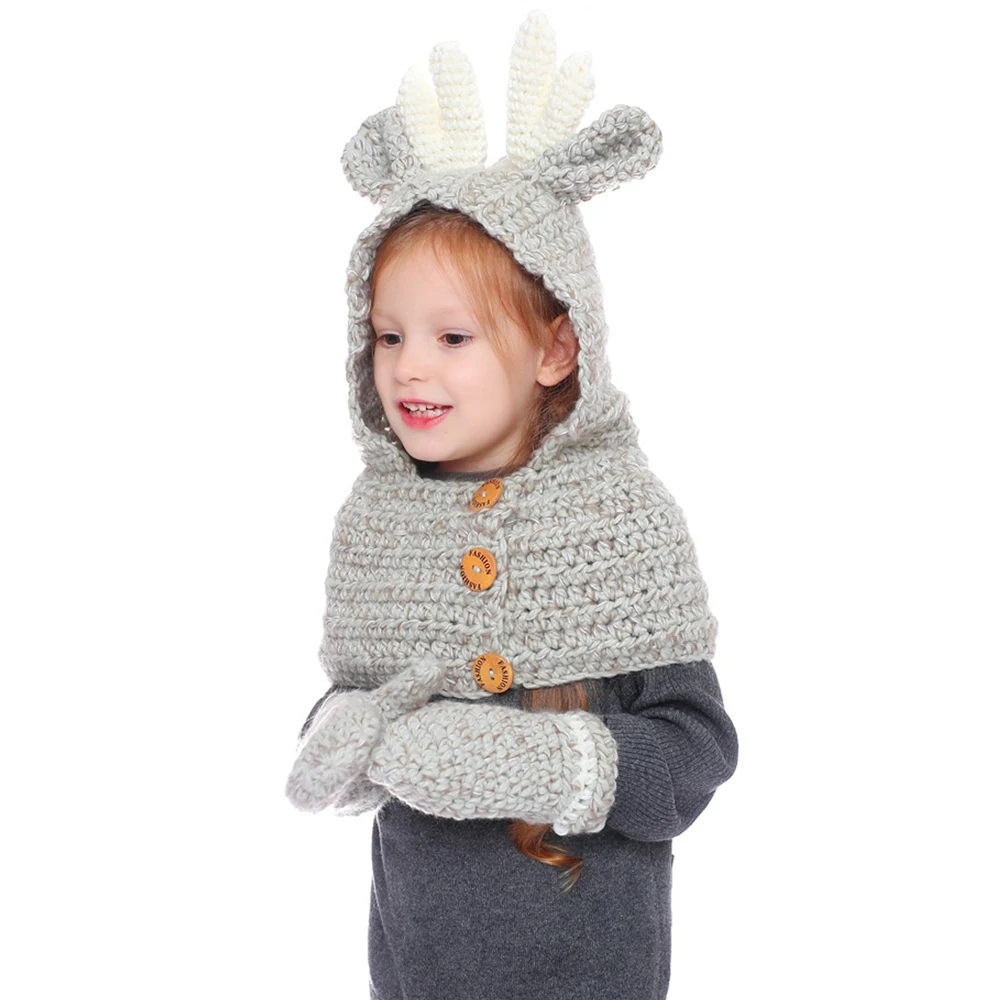 

New Design Kawaii antlers Baby Knitted Hat Cap carf Gloves Overalls Suit Winter Windproof Boy Girl Handmade Knitted Caps Set D30