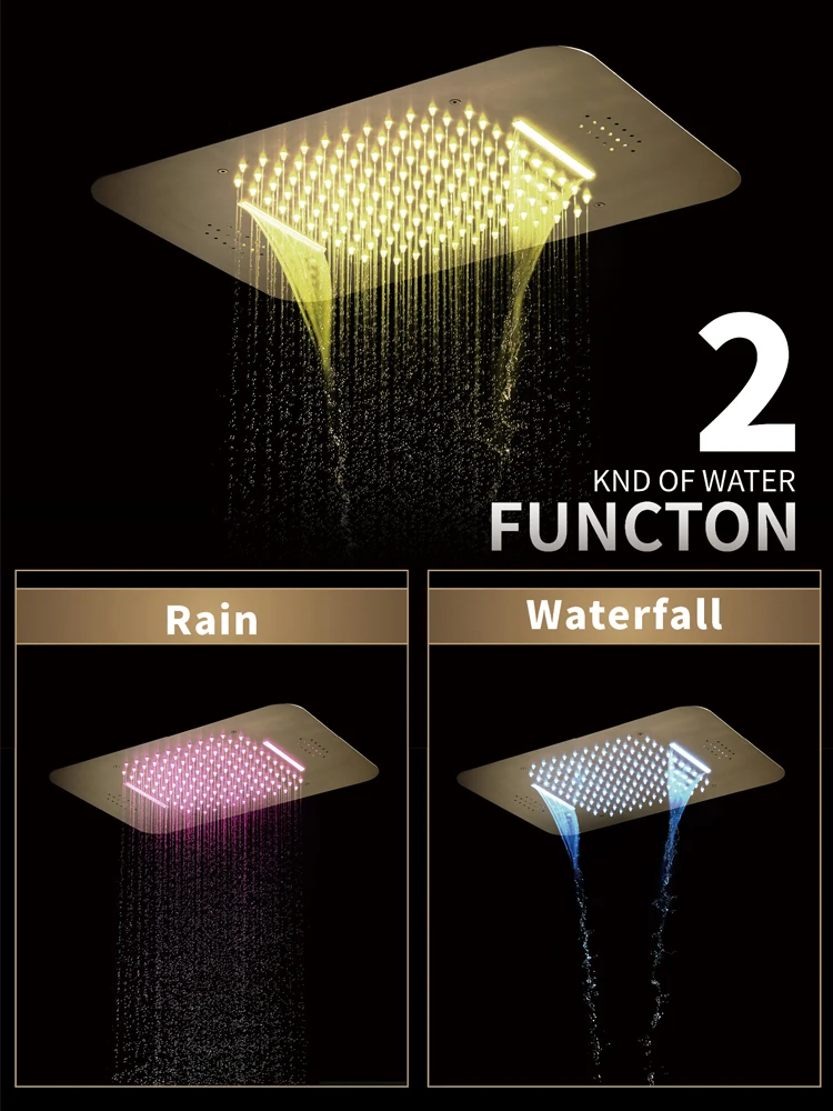 Luxurious Brushed Gold Thermostatic LED Shower System Bathroom Faucet Music Rain Shower Panel Higt Pressure Waterfall Showerhead