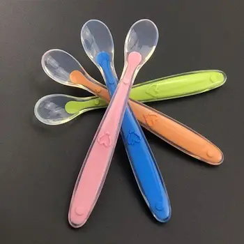 

2 pcs baby spoons Safety Temperature Heat with travel case BPA free silicone infant Flatware Feeding Spoons Kids Children