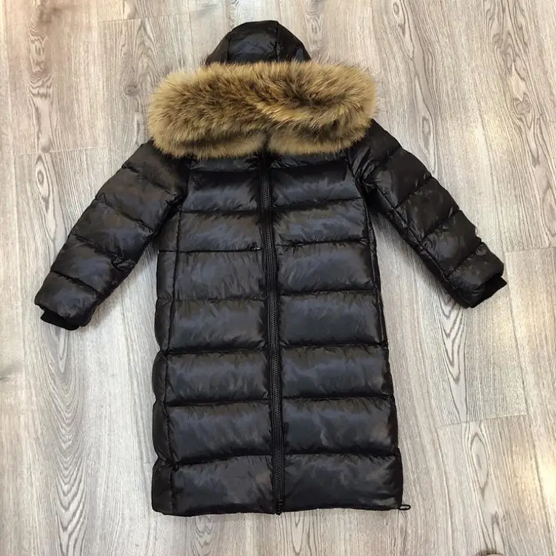 Модный брендовый Детский пуховик, блестящее пальто с воротником из натурального меха, куртка-пуховик на утином пуху, детская верхняя одежда, Y2201 - Цвет: black 2