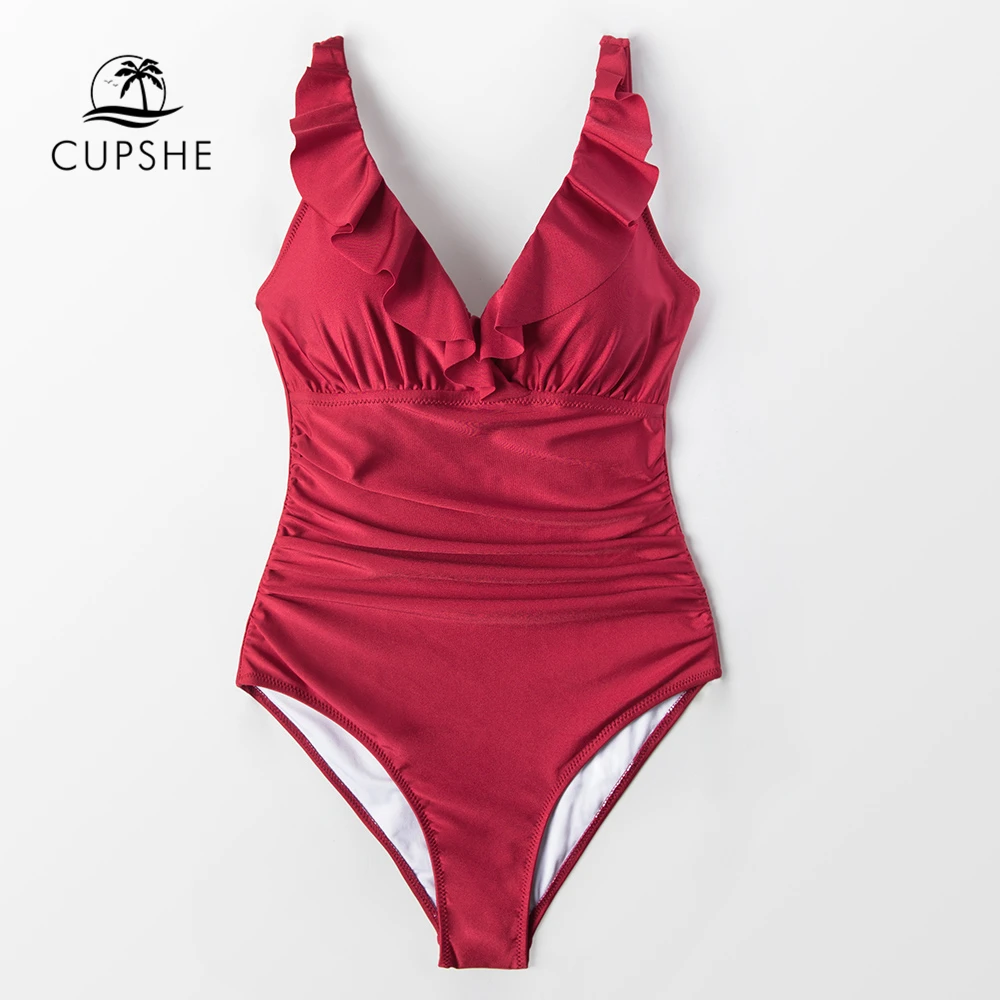 Günstig CUPSHE Armee Grün Rüschen One piece Bademode Frauen V ausschnitt Falbala Solide Monokini 2020 Mädchen Strand Plain Badeanzug Badeanzug