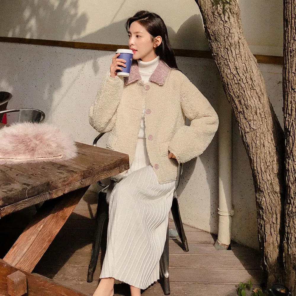 

2019 Winter New Style Korean-style CHIC New Zealand Wool Coat Thick Suede Contrast Color Plush Cotton-padded Clothes