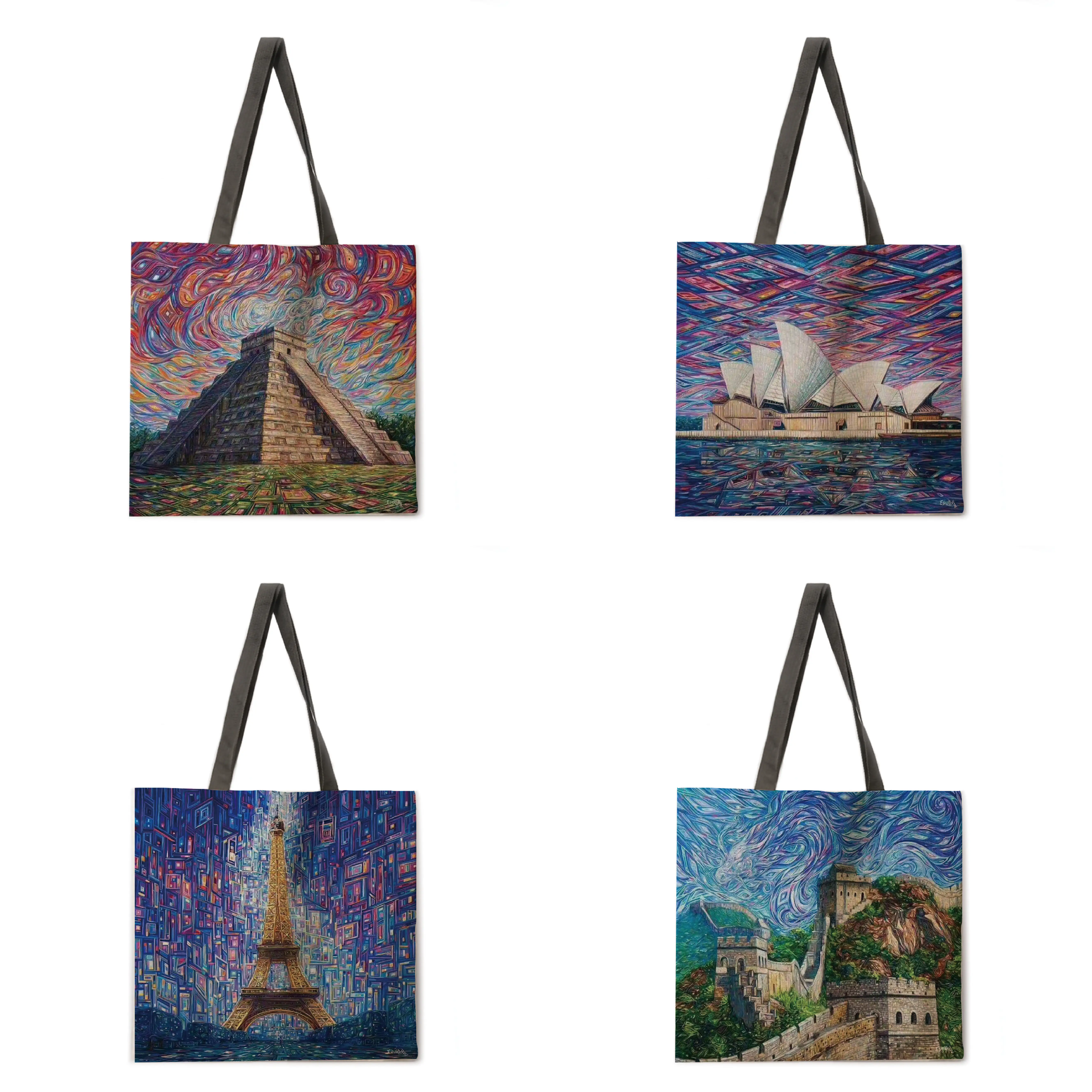 

Colorful landmark tote bag linen tote bag reusable shopping bag outdoor beach bag lady shoulder bag