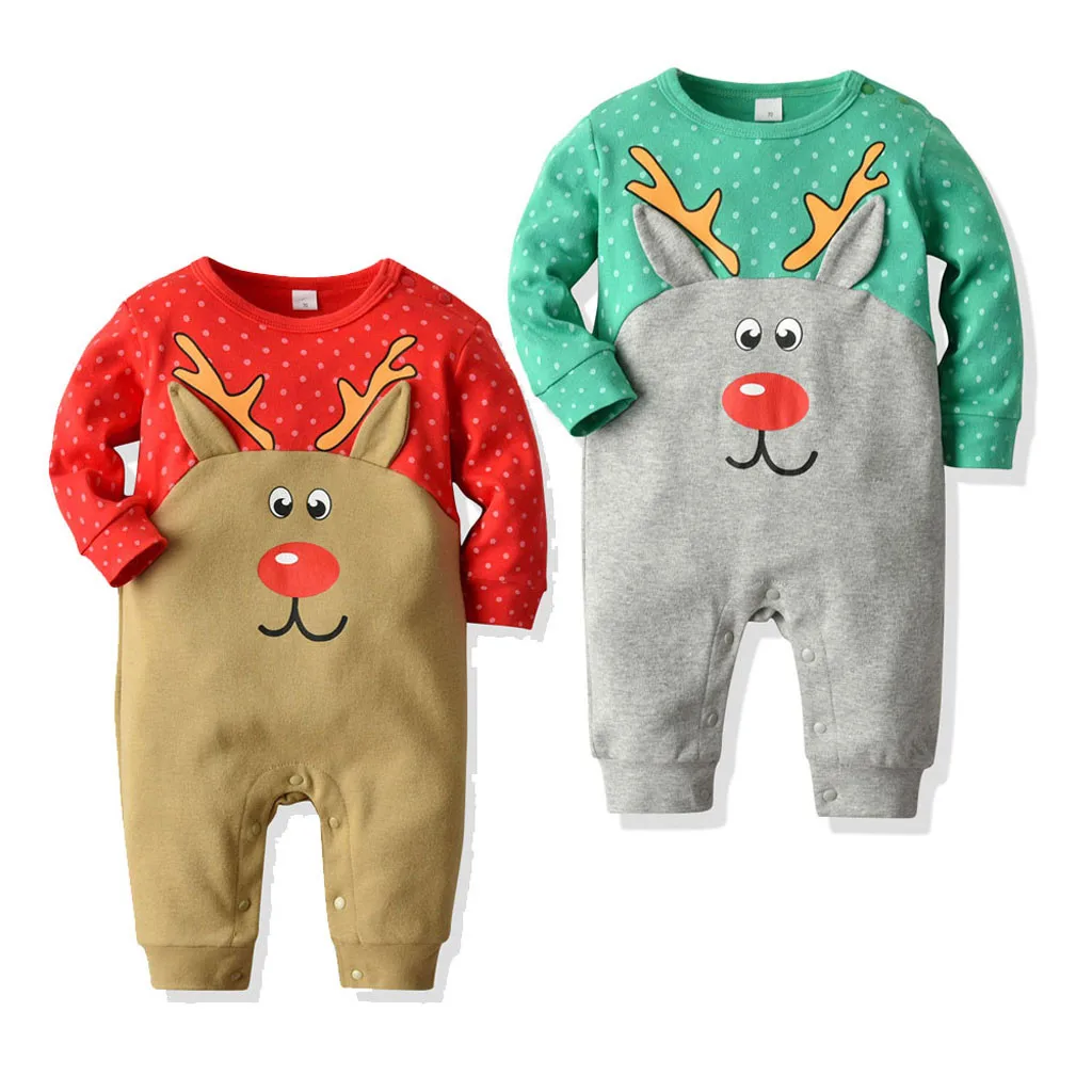 Одежда для малышей, для новорожденных, для маленьких мальчиков Штаны для девочек с рождественским изображением из мультфильмов животного Пижама Детские Комбинезоны для детей