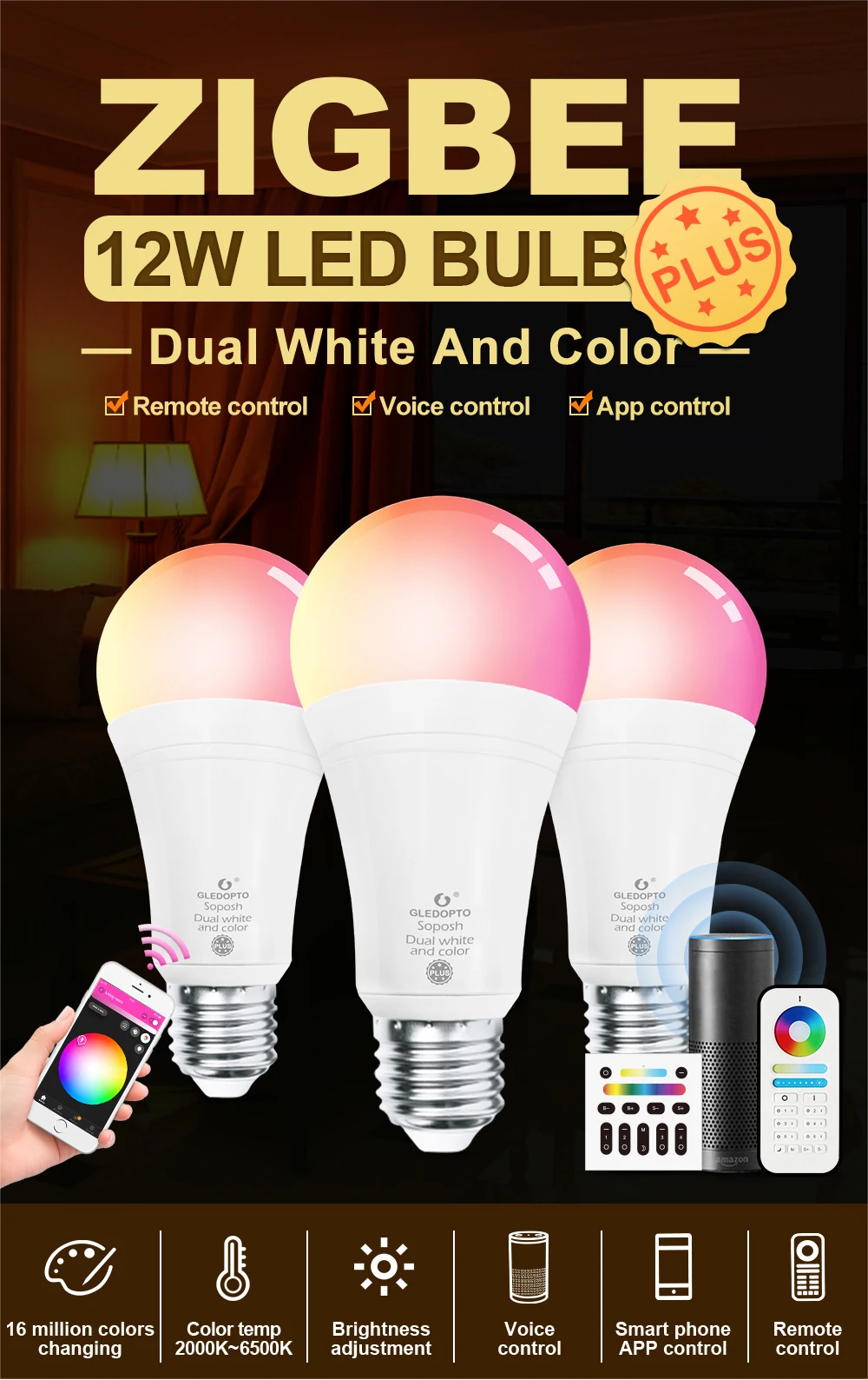 zigbee color led smart bulb 12W RGB&CCT(2700-6500k) work with zigbee gateways,6-zone remote control, voice activated with alexa