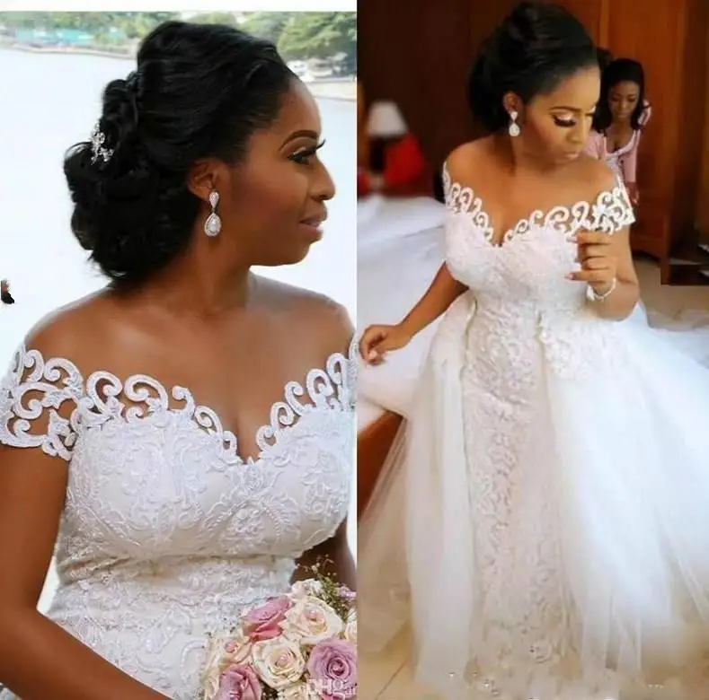 

Африканские нигерийские Свадебные платья русалки со съемным шлейфом, полностью Кружевная аппликация, прозрачные Свадебные платья с открытыми плечами и коротким рукавом