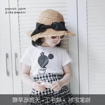 

New Style Spring and Summer CHILDREN'S Straw Hat Girls Seaside Beach Hat Handmade College Style Bucket Hat Sun-resistant Weaving