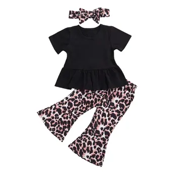

New 2020 Baby Girls Clothes Summer Short Sleeve T Shirts Tops+Leopard Pants+Headband 3Pcs Girls Clothing Sets