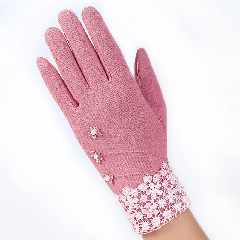 Elifashion новые женские теплые Solft перчатки сенсорный экран варежки толстые плюшевые наручные короткие бархатные женские маленькие цветочные кружевные перчатки для вождения - Цвет: pink