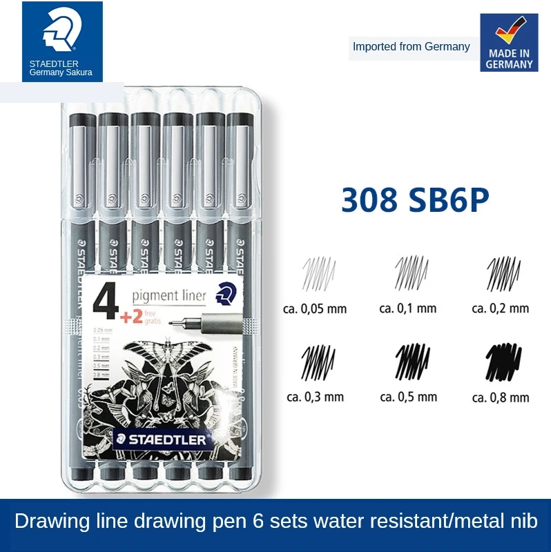 Перо для рисования Staedtler 308 SB6P пигментный лайнер 6 шт. в комплекте 0 05/0 1/0 2/0 3/0 5 мм