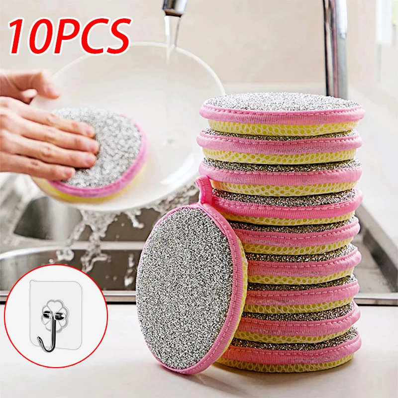 10Pcs Double Side Dishwashing Sponge Kitchen Scouring Pad Round Pot