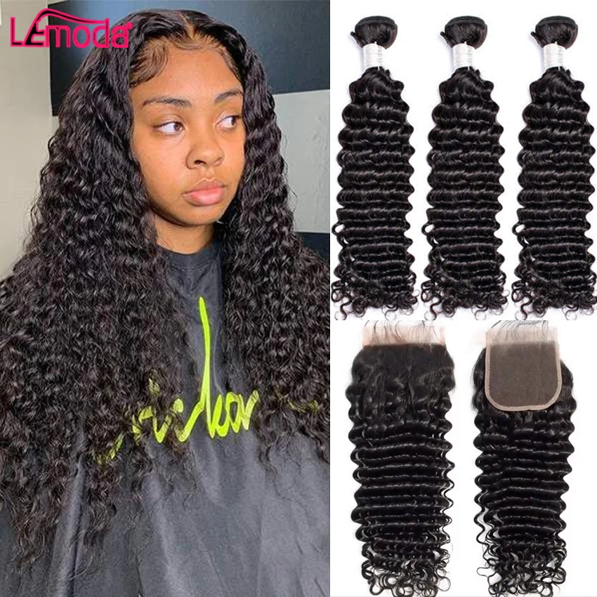 Lemoda-mechones de ondas profundas con cierre, mechones rizados de 30 pulgadas con Frontal Remy brasileño, 3 o 4 mechones, extensión de cabello humano ondulado