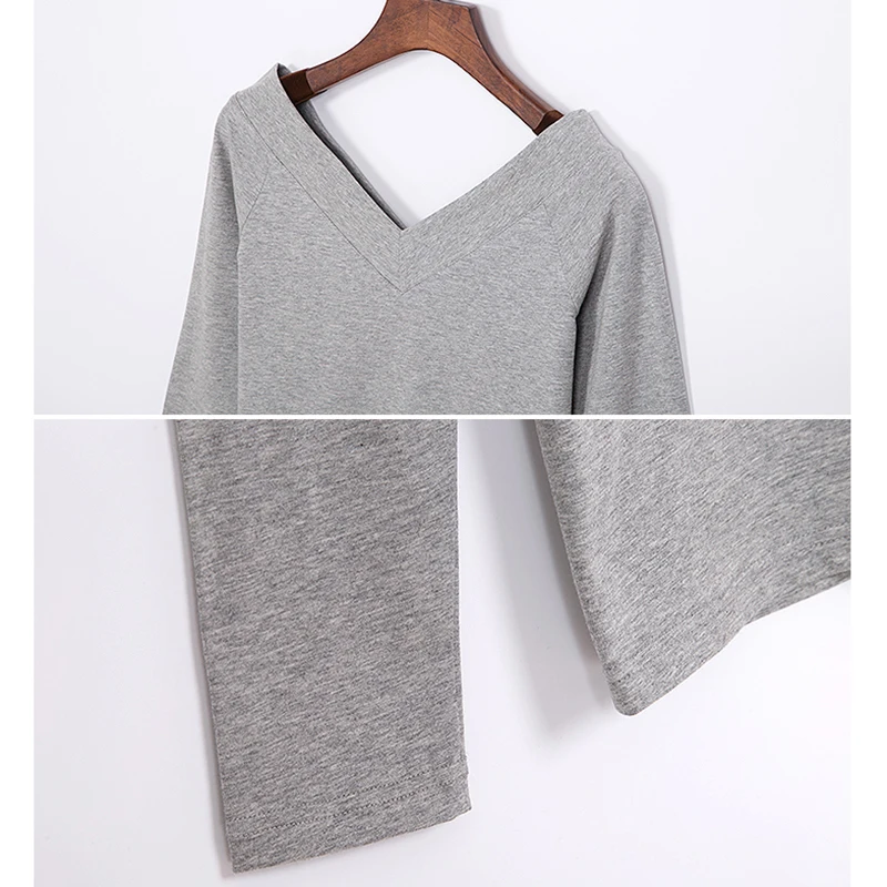 Vetement Femme 2019 Tshirts Cotton Women Korean Clothes Sexy Deep V-Neck T-Shirt Long Sleeve Casual T Shirt Female Womens Tops