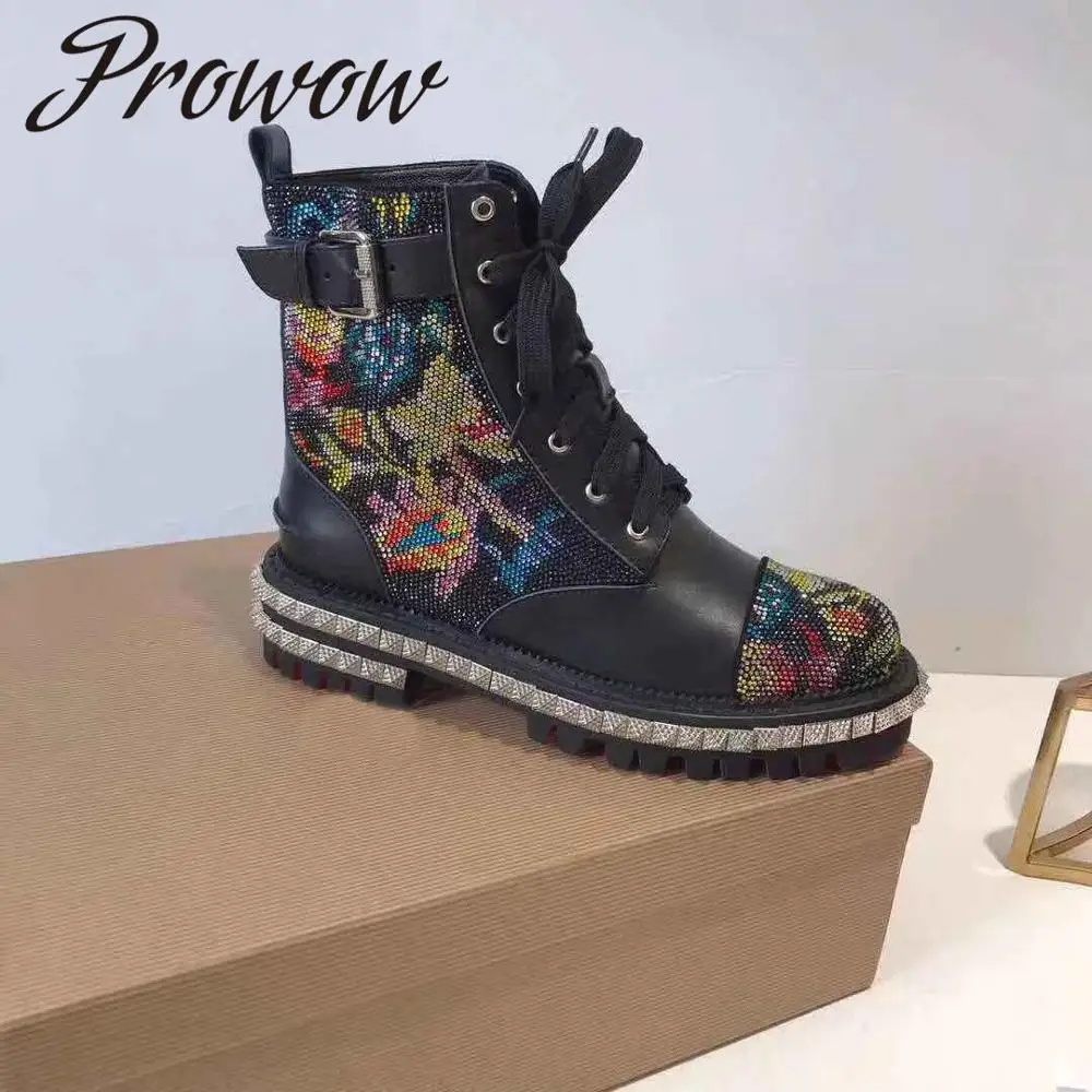 

Prowow New Genuine Leather Round Toe Lace Up Ankle Boots Thick Heel Buckle Strao Low Heel Autumn Winter Women Boots