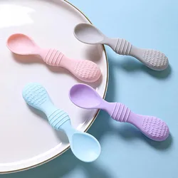 Cuchara de silicona con mango de doble cabeza para alimentación de bebés, utensilios para comer comida sólida, entrenamiento de habilidad manipulativa, vajilla para niños