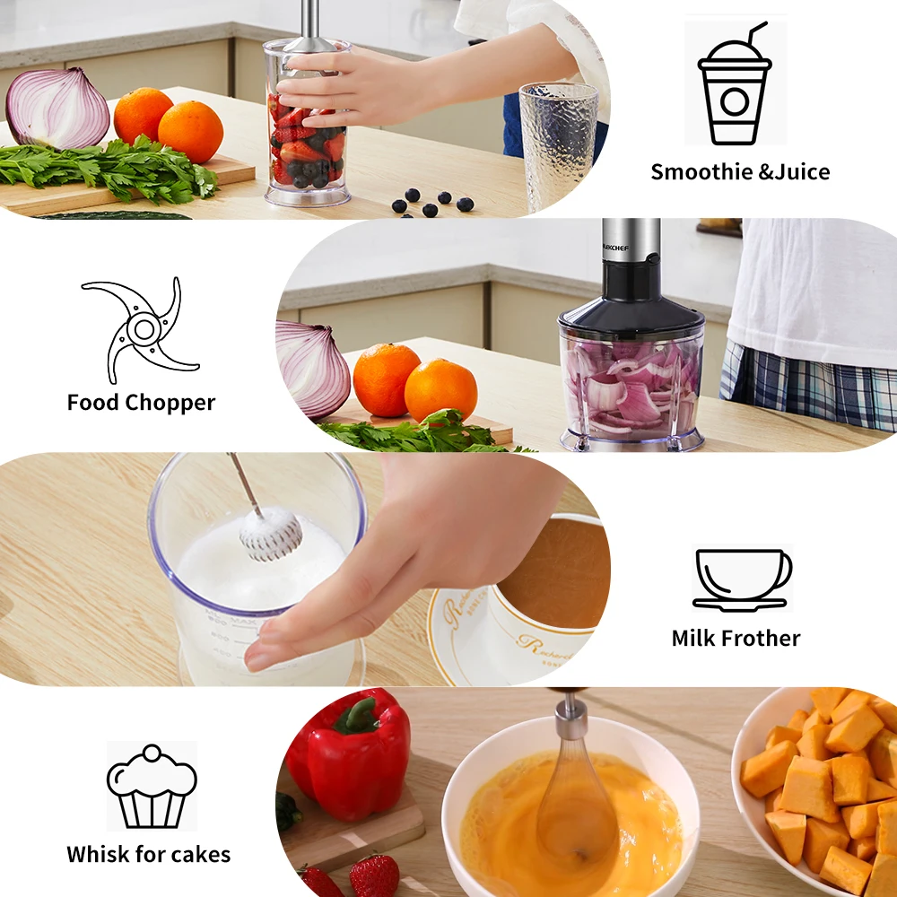 ELEKCHEF 5 in 1 Multifunctional 1200W Electric Hand Stick Blender Immersion Handheld Mixer Food Processor Chopper Beater Frother
