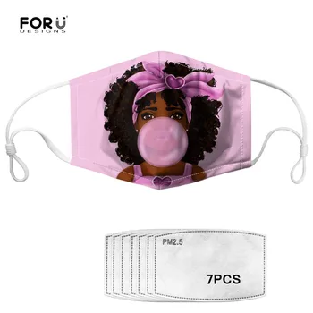 

FORUDESIGNS African Girl Printed Pink Mouth Mask for Women Dustproof Windproof Masks with 7pcs Filters Reusable Kids Face Mask