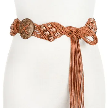 

Ethnic Style Wax Rope Woven Beach Bohemian Ladies Thin Rope Flower Plant Knit Belt Ladies Dress Brown