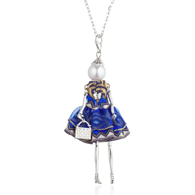 blue dress Элегантная кукла, ожерелье для женщин, Полосатое платье, роза, дизайн, сплав, кристалл, подвески, ожерелье s, модное ювелирное изделие, подарки для девочек, аксессуары - Окраска металла: blue dress