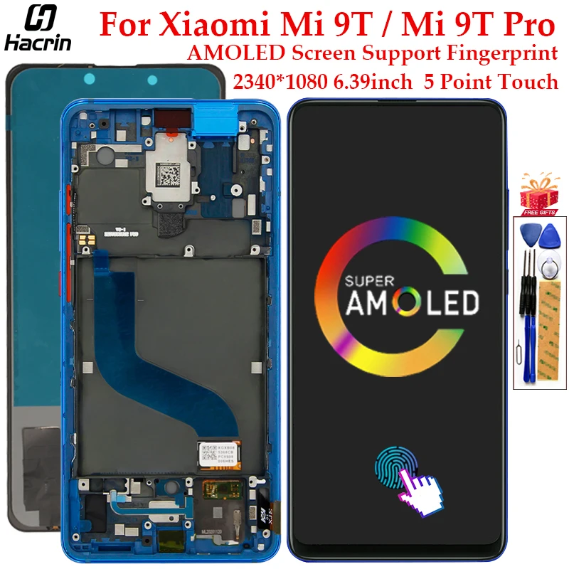 AMOLED Display For Xiaomi Mi 9T LCD Display Touch Screen With Frame&Fingerprint Replacement For Xiaomi Mi 9T Pro Screen 6.39''