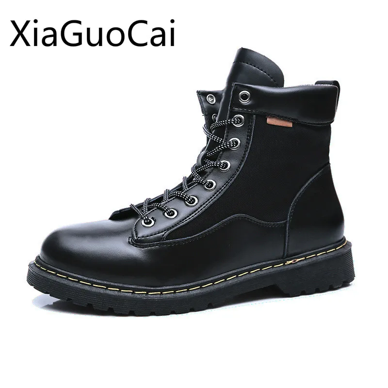 

Spring Black High Top Men's Casual Boots Lace Up Men's High Top Boots Leather Straps Outdoor Mens Martin Boots