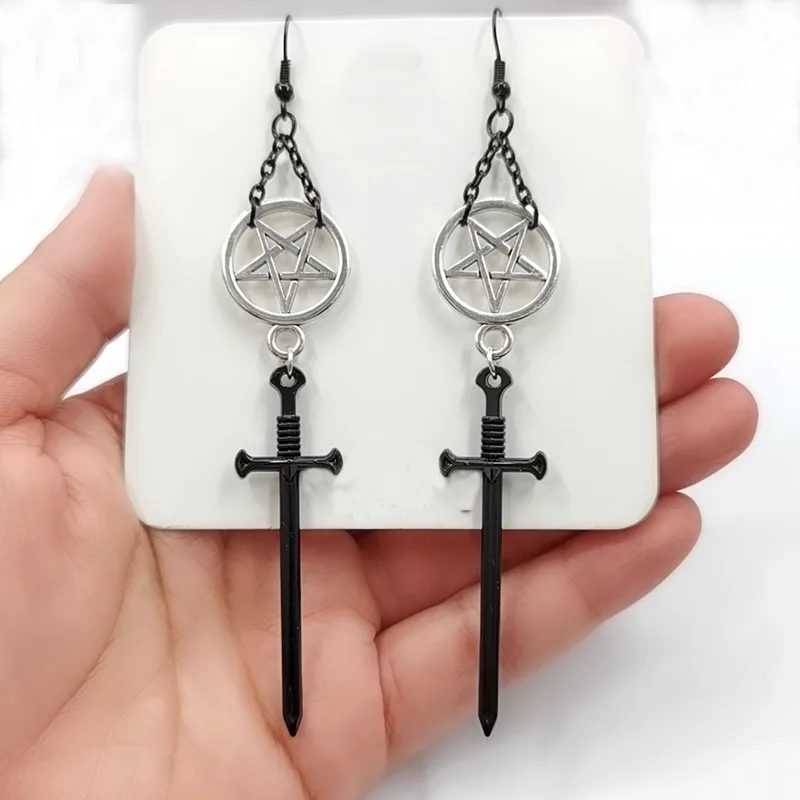 Earrings Sword Chain Pentagram-Pendant Gothic Jewelry Witchs Black Fashion-Forward Women
