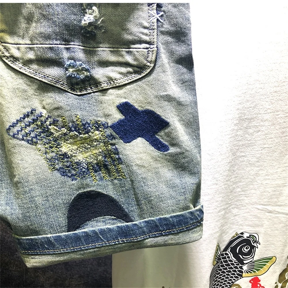 EH · MD® Blue Embroidered Hole Denim Shorts Men's Cotton Slim Pants Retro Shaving White European and American Style Casual 2022