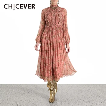 

CHICEVER Print Patchwork Dress For Women Stand Collar Long Sleeves High Waist Maxi Dresses Female 2020 Fashion New Clothes