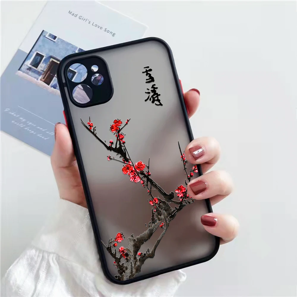 Plum Blossom Flower Iphone 13 12 XS 11 Pro Max Mini Chinese Style Painting Case for  X XR SE2020 7 8 Plus Red Floral Design Case