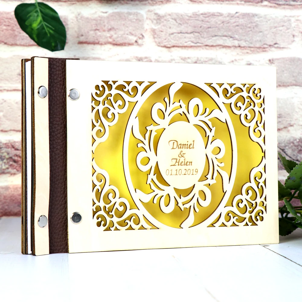 21x 15cm Custom Name and Date Wedding Signature Guest Book Personalized Wood Front Hollow Cover Bride Groom Favors Party Decor - Цвет: Yellow