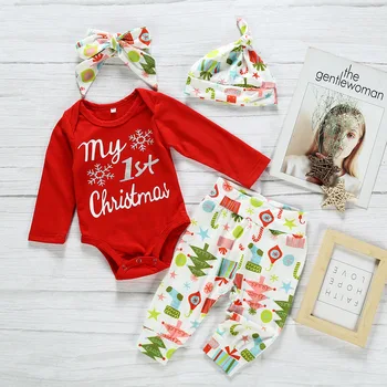 

Clothes Babies Christmas Red Baby Rompers Crawling Clothes Cotton Winter Cross-Border Foreign Trade Newborn 4pcs Suit
