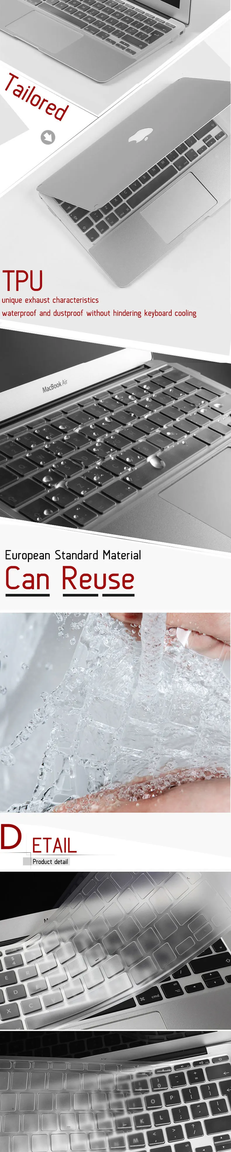 European Version Laptop keyboard cover protector film For Macbook Air Retina Pro touch bar 12" 13" 15" TPU Keyboard membrane