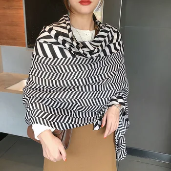 

women black white geometric pattern head scarfs for ladies office autumn spring chic ins style long designer scarf wraps