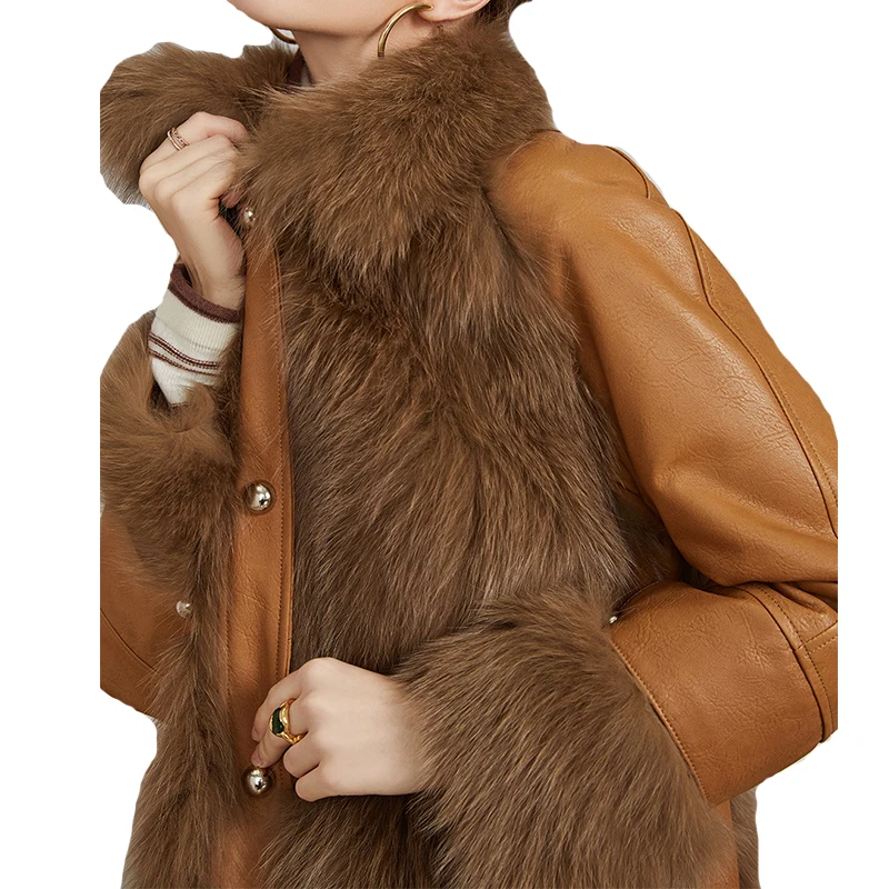 

Female Coat 2020 Winter Real Fox Fur Women's Jacket Plush Natural Sheepskin Aviator Overcoat Short Pockets Thick Warm Casual