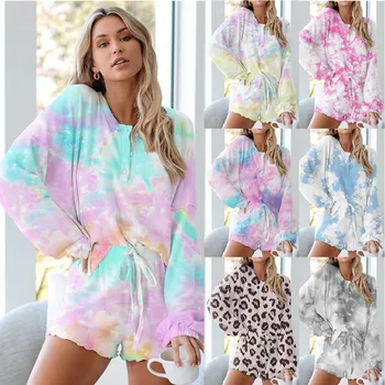 

top selling in Womens Tie-Dye Printed Shorts Long Sleeve Tops 2 Piece Pajamas Set Sleepwear Support Wholesale and Dropshipping