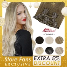 Moresoo Clip in Human Hair Extensions 10-24 inch Machine Remy Human Hair Brazilian Doule Weft Invisible Set Straight 7Pcs 100G