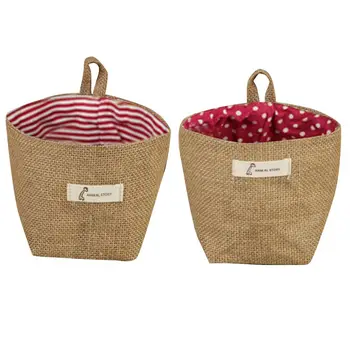 

2pcs Cotton Linen Art Flower Pot Small Sack Hanging Jute Cotton Dot Storage Basket Storage Bag - Red Point & Red Stripes