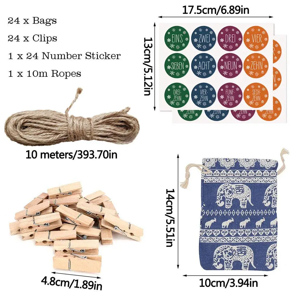 24Pcs Christmas Candy Bag Christmas Countdown Calendar Gift Container Children's Canvas Gift Pouch Christmas Tree Decoration
