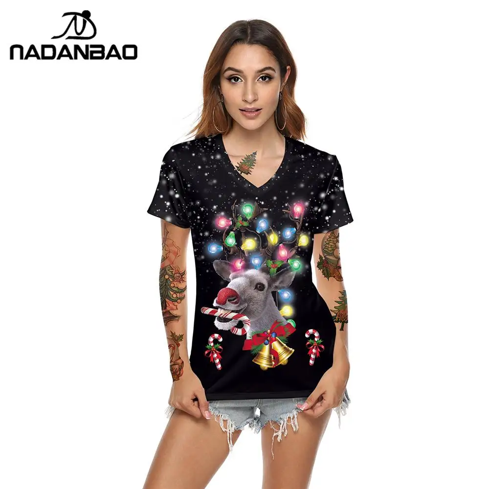 NADANBAO New Year Short Sleeve Tops For Women Merry Christmas T-shirt Elk Printing T Top Jingle Bell Female Clothing