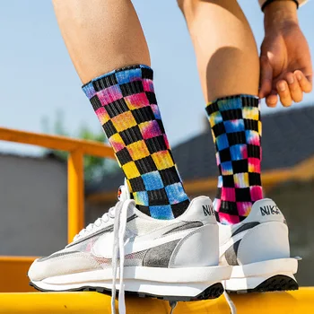 

Tie-dye Socks Men's Middle Tube Sweat-absorbent Terry Breathable Socks Plaid High Tube Socks Women Cotton Socks