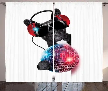 

Music Curtains DJ Bulldog Listening to Music with Vivid Disco Ball Puppy Enjoy Party Living Room Bedroom Window Drapes Charcoal