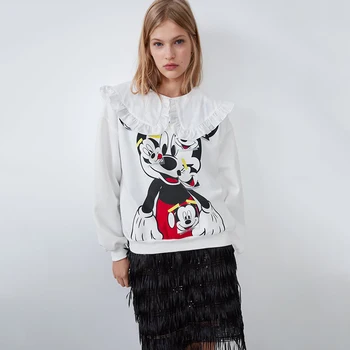 

ZA New Cartoon Print Sweatshirt 2019 11.11 Hot Sale Long Sleeve Lotus Leaf Collar Mickey Mouse Print Casual Sweatshirt Wholesale