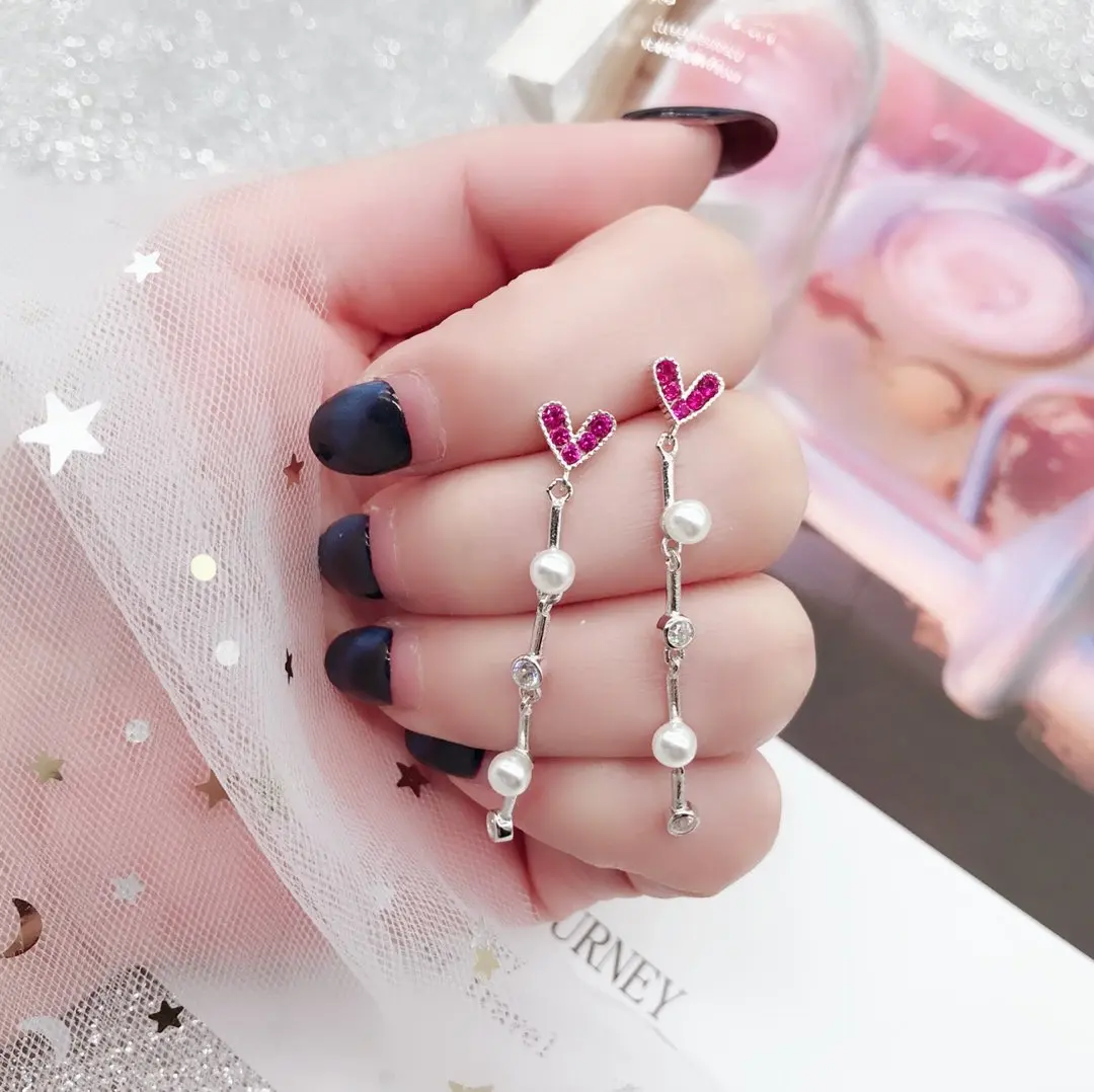 

925 Sterling Silver Drop Earrings Fine Jewelry Woman Eardrop Luxury Artificial Ruby Heart Dangler Pearl Decorations with Zircon