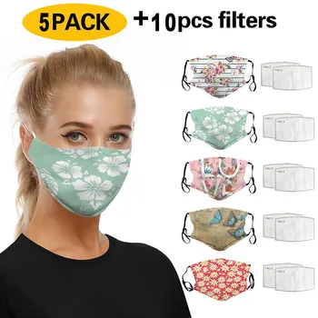 

5pcs Breathable Face Mask With Filters Cotton Floral Prints Reusable Washable Masks Unisex Dust-proof Mouth Cover Mascarilla